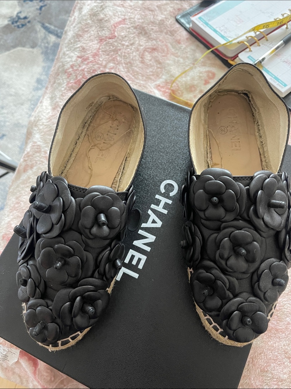 CHANEL Black Camellia Appliqué Espadrille Slip-Ons vintage 38 or 38.5